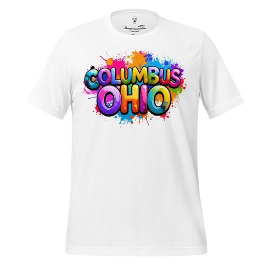 White Columbus Ohio t-shirt with colorful splash and bold text design by JMK Drip