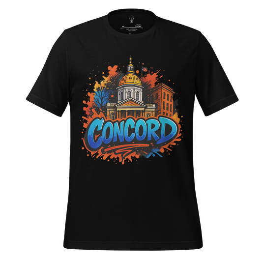Black Concord Graphic T-Shirt by JMK Drip featuring colorful city building and graffiti style text design