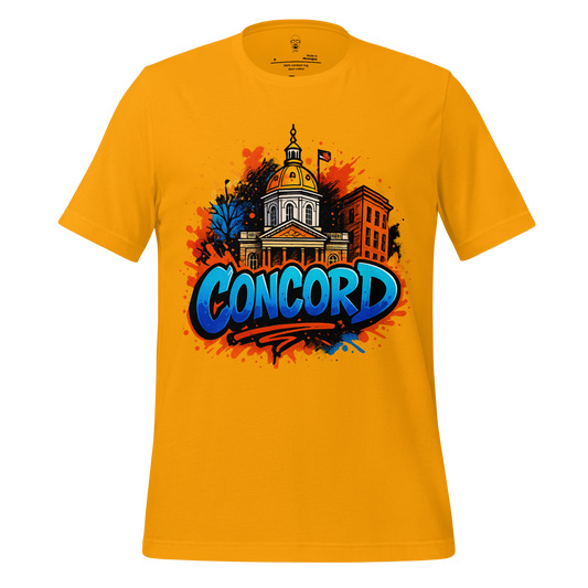 JMK Drip Concord Graphic T-Shirt in yellow featuring a colorful Concord building illustration