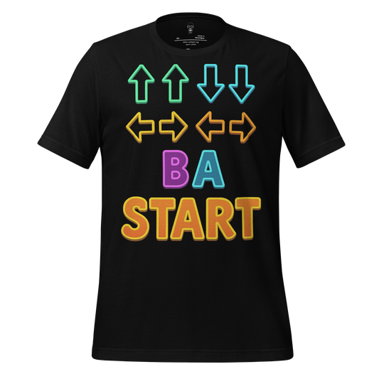 Black Contra code t-shirt by JMK Drip with colorful arrows and B A start text design