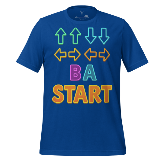 Blue Contra code t-shirt with colorful arrow and button graphics by JMK Drip