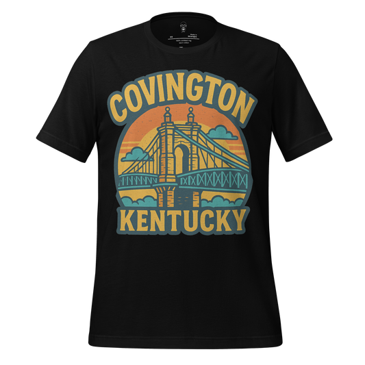 Black JMK Drip Covington Kentucky t-shirt with vintage bridge graphic and sunset design
