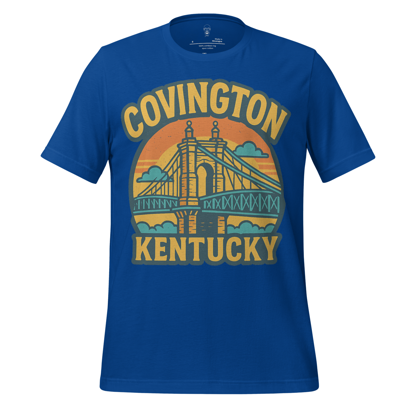 Blue t-shirt with vintage Covington Kentucky t-shirt design featuring a bridge and sunset