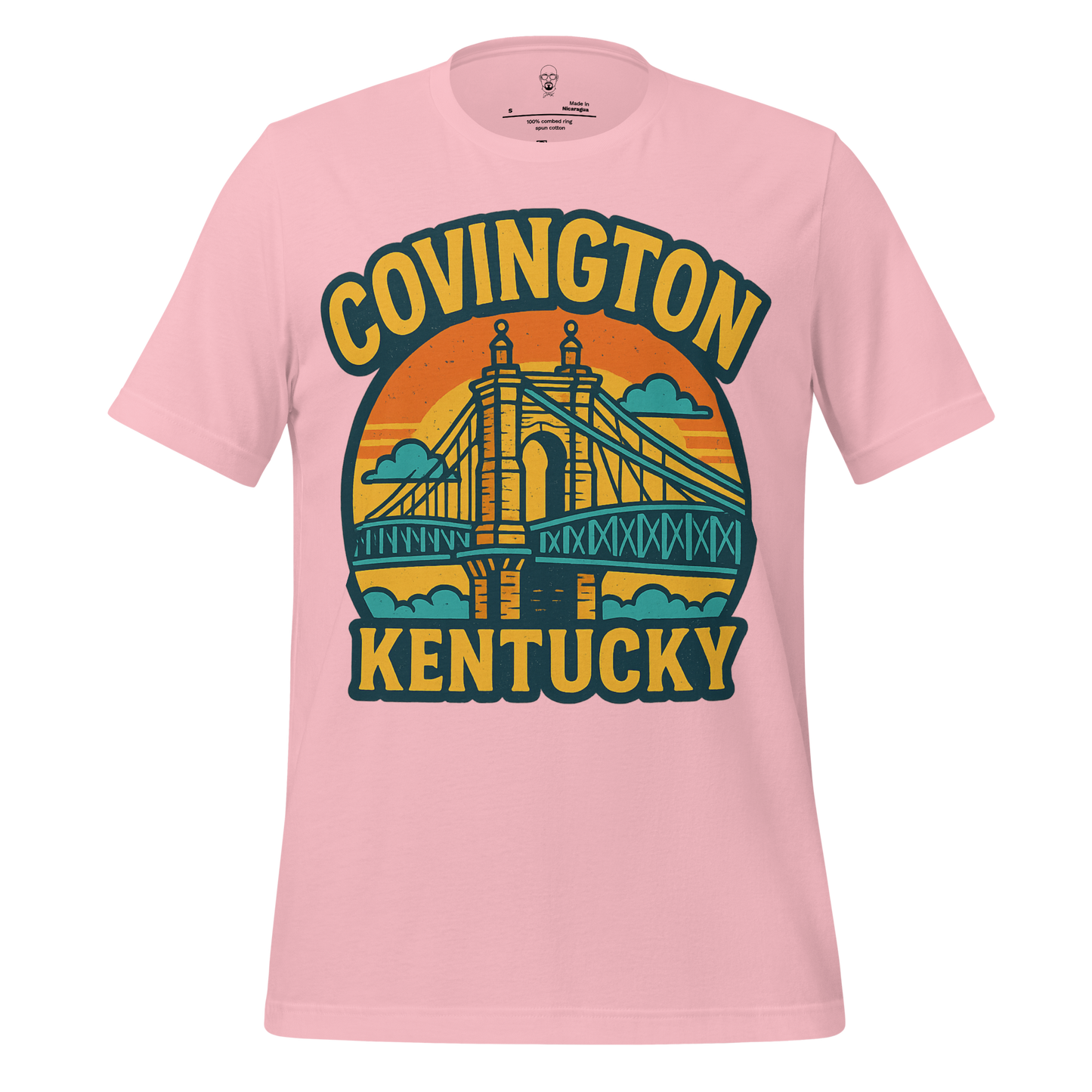 Pink Covington Kentucky t-shirt featuring a colorful bridge graphic with bold yellow and blue text