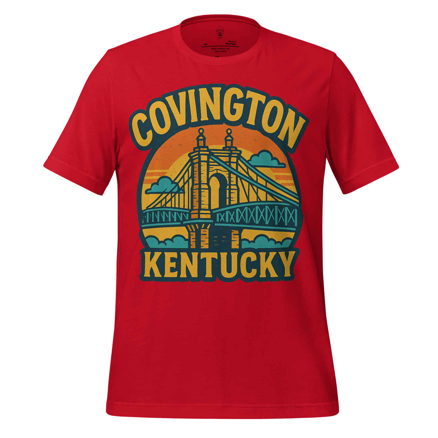 Red Covington Kentucky t-shirt featuring a vintage-style bridge graphic and bold text design