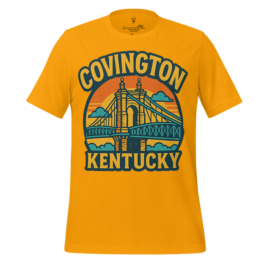 Yellow Covington Kentucky t-shirt featuring a graphic of a bridge with sunrise background