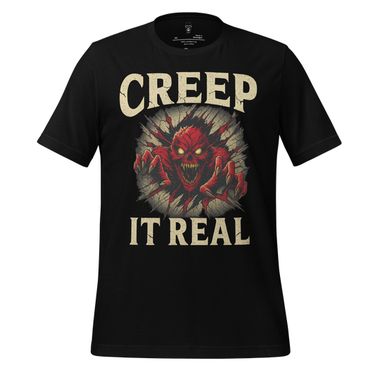 JMK Drip black creep it real t-shirt with scary red monster graphic and bold text