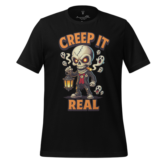 Black creep it real t shirt featuring a skeleton character holding a lantern with ghost accents
