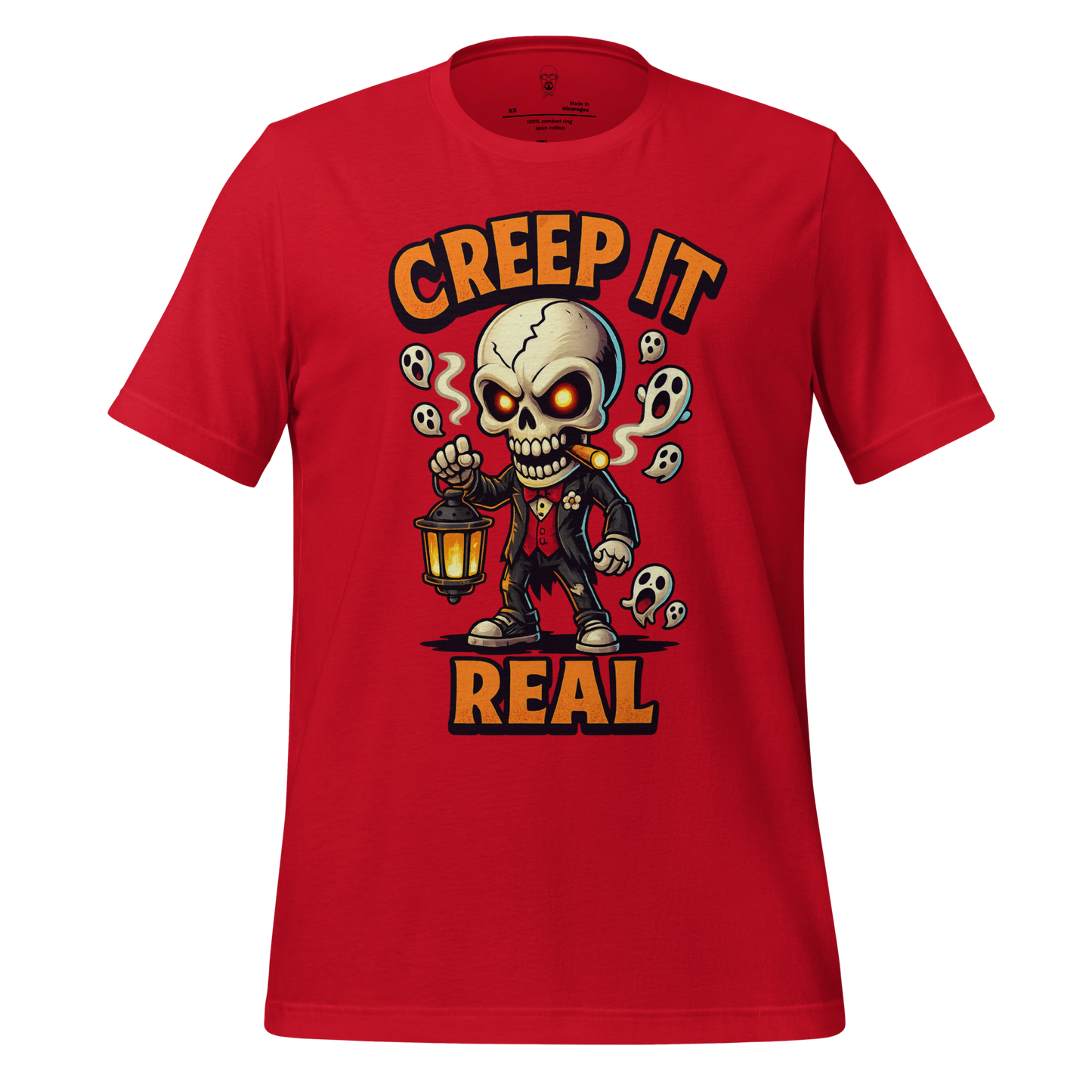 Red creep it real t shirt with skeleton holding lantern and surrounded by small ghosts