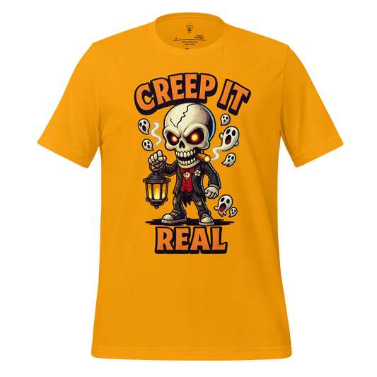 JMK Drip Yellow creep it real t shirt with cartoon skeleton holding lantern and ghosts