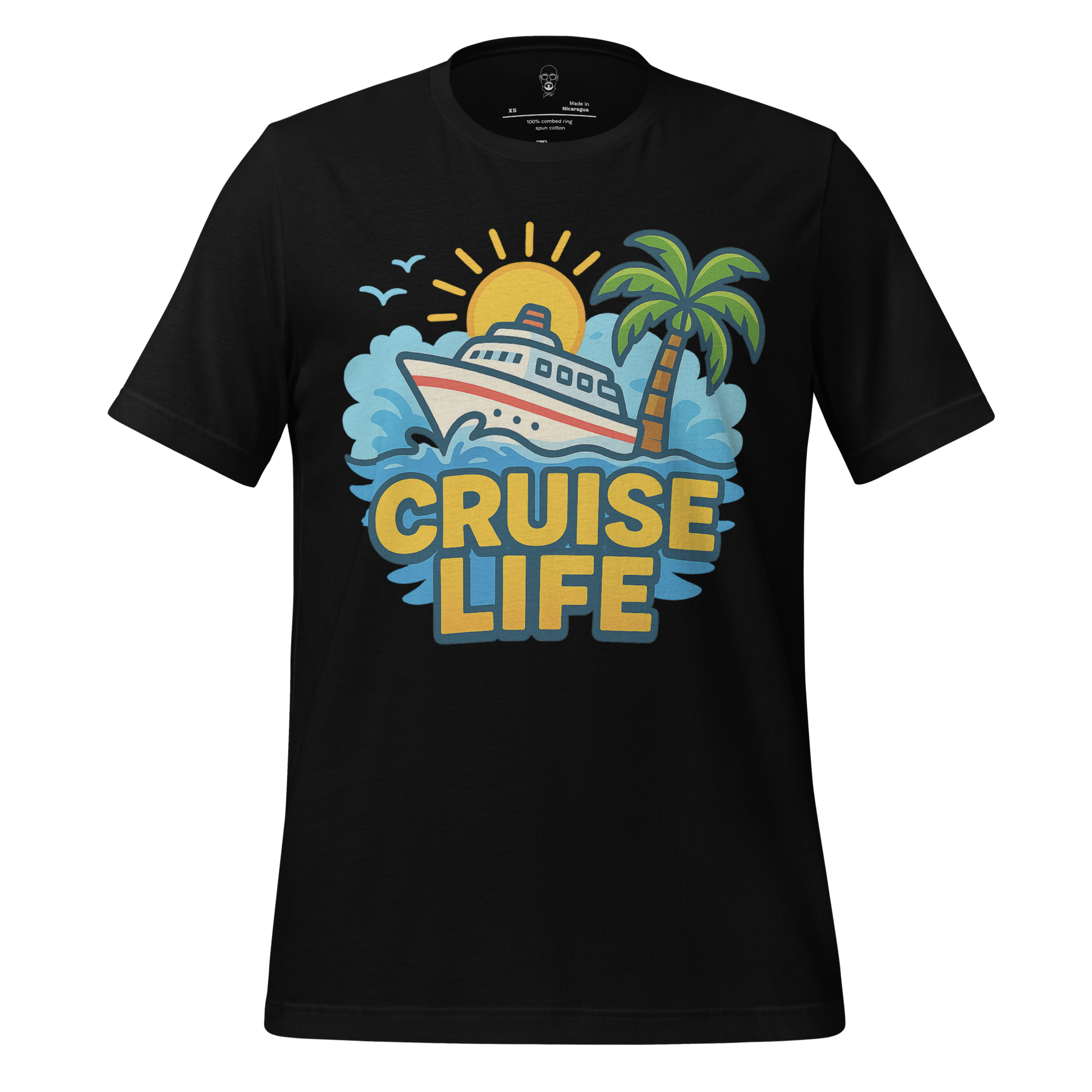 Black cruise life t-shirt with colorful cruise ship, palm tree, sun, and birds graphic design