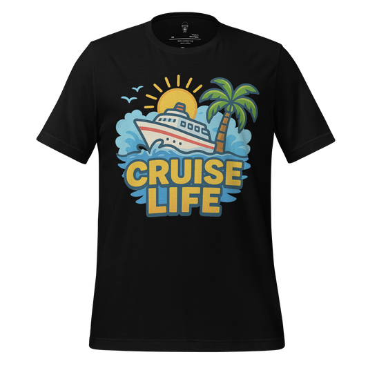 Black cruise life t-shirt with colorful cruise ship, palm tree, sun, and birds graphic design