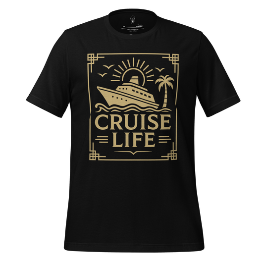 Black JMK Drip cruise life t-shirt with gold cruise ship, palm tree, and sun graphic