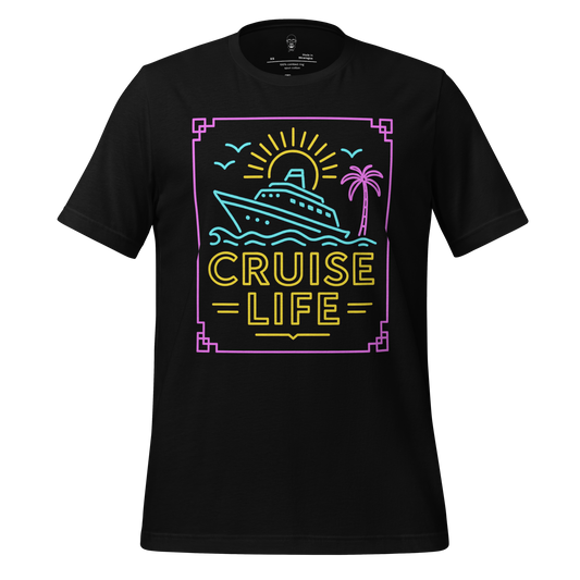 Black JMK Drip cruise life t-shirt with neon boat, sun, palm tree, and birds graphic design