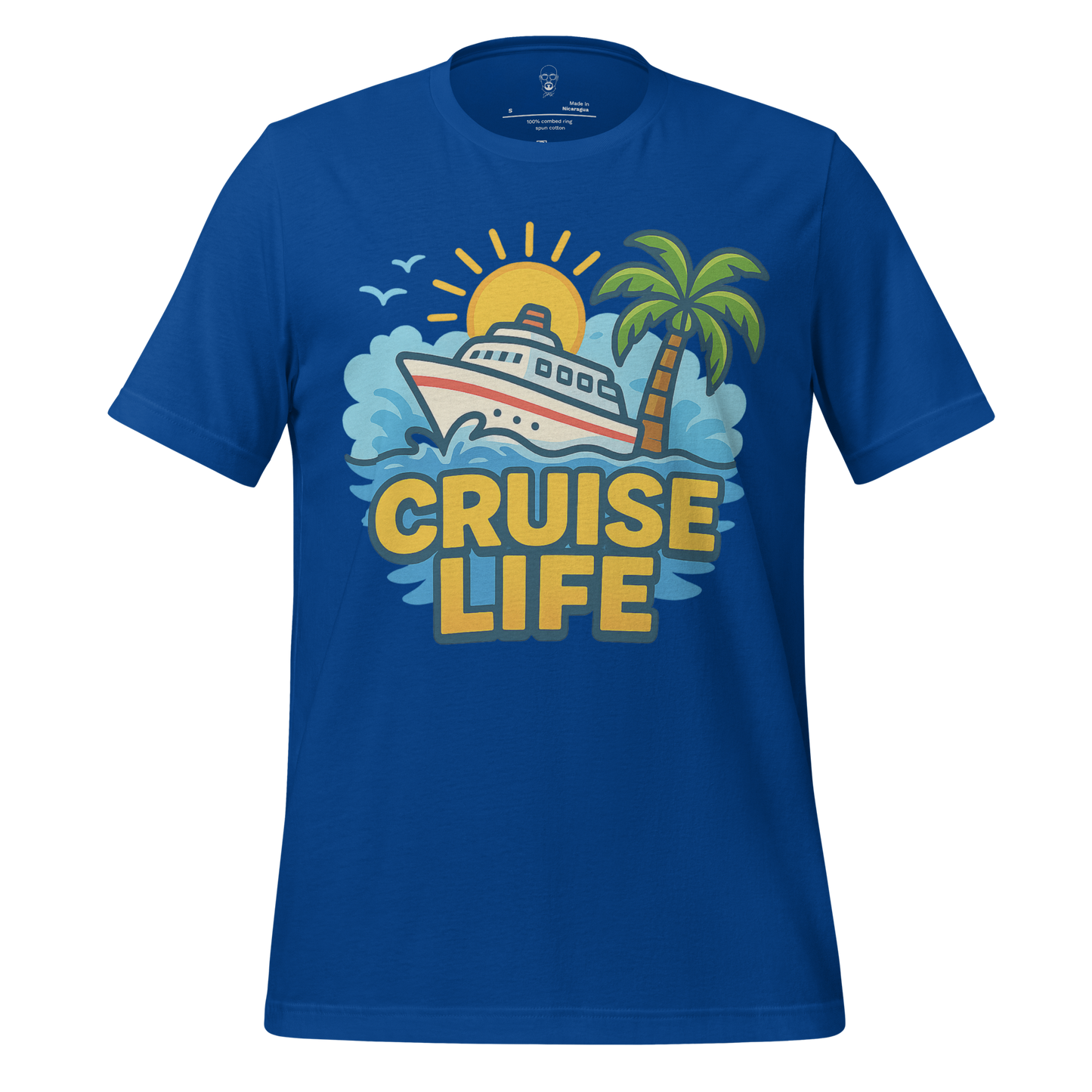 Blue cruise life t-shirt with boat, palm tree, sun, and ocean wave graphic design