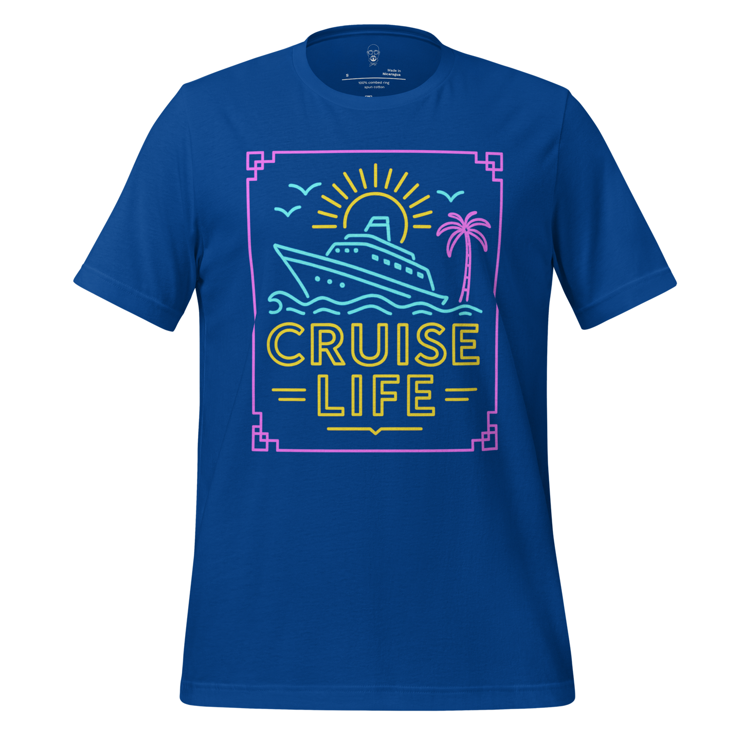 JMK Drip blue cruise life t-shirt with neon cruise ship, sun, palm tree, and seagulls graphic design