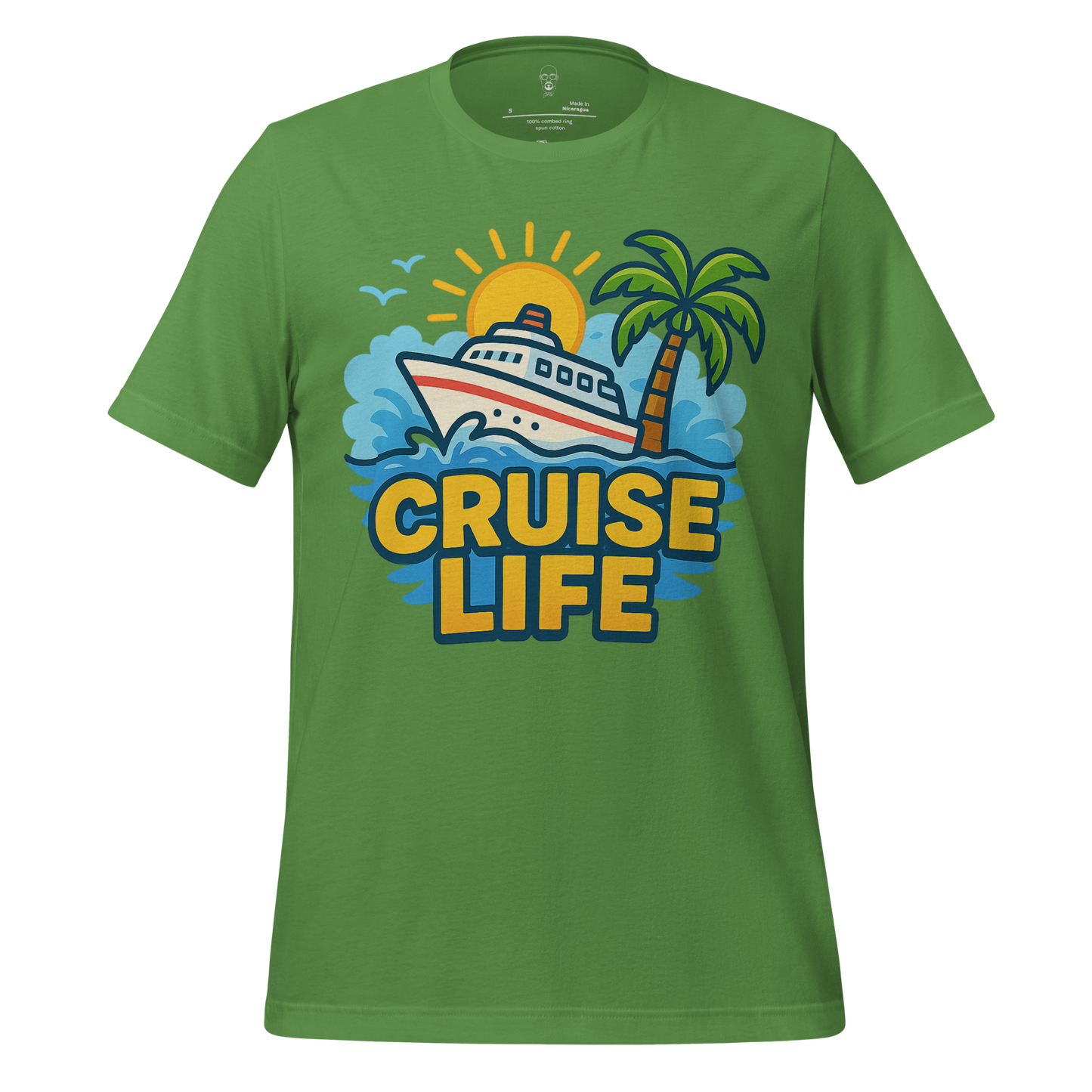 Green JMK Drip cruise life t-shirt with a colorful cruise ship, palm tree, and sun graphic