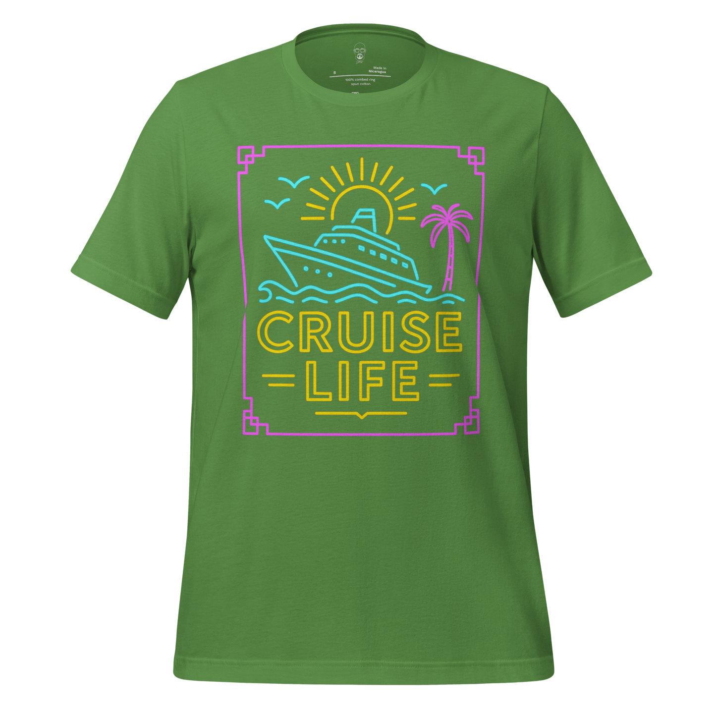Green JMK Drip cruise life t-shirt with neon cruise ship, sun, palm tree, and birds graphic