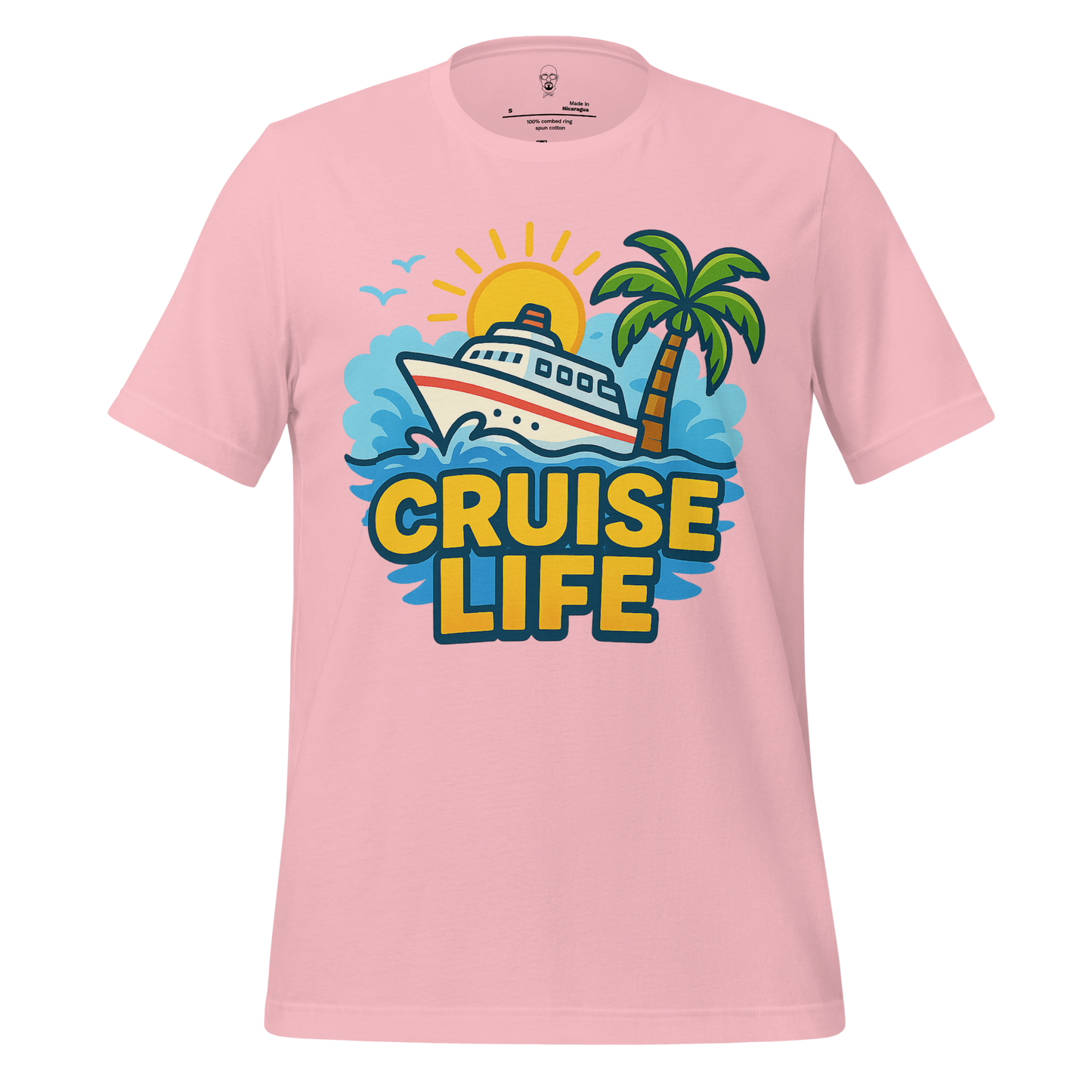 Pink cruise life t-shirt with boat, palm tree, and sun graphic design by JMK Drip