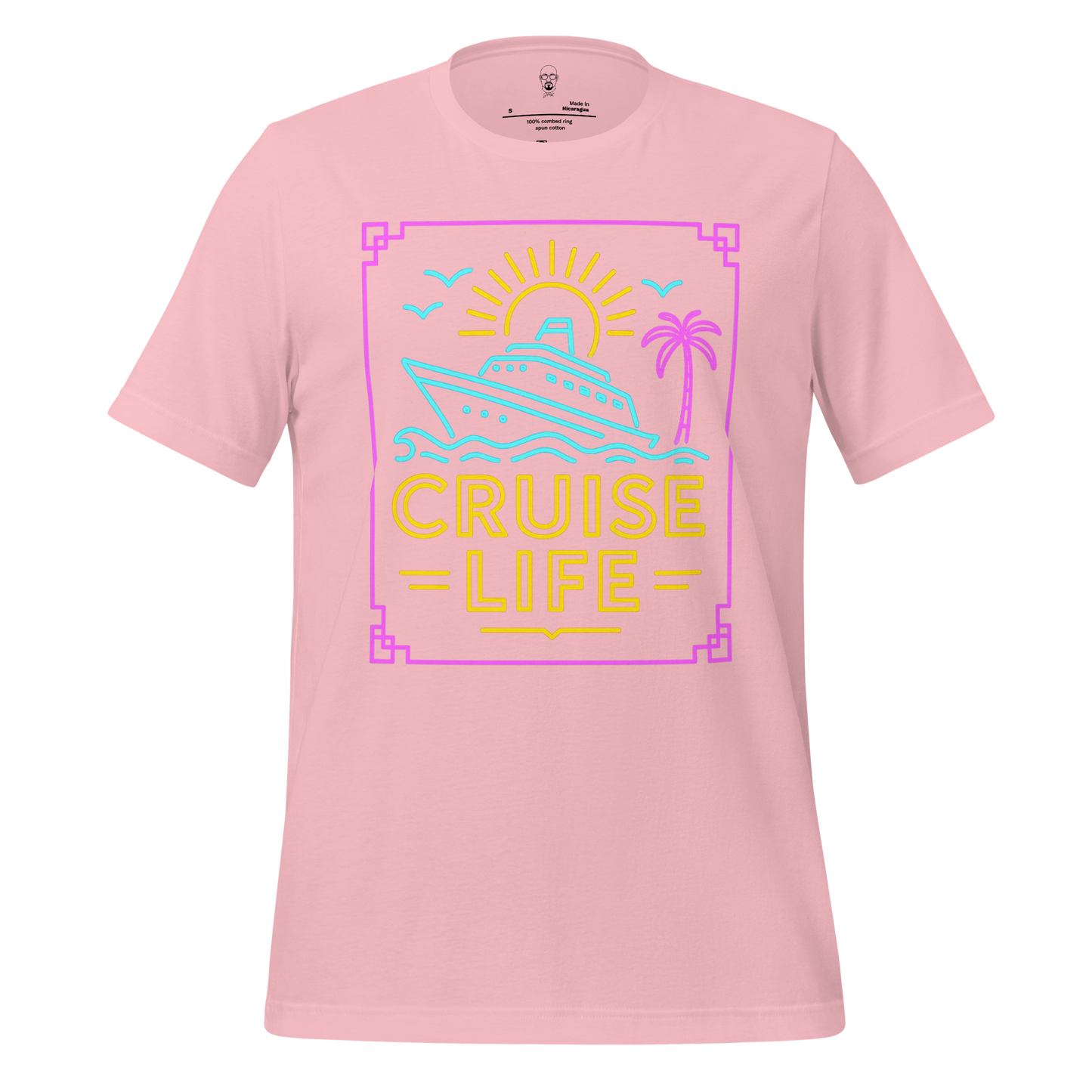 Pink cruise life t-shirt by JMK Drip with neon graphic of cruise ship, sun, palm tree, and birds