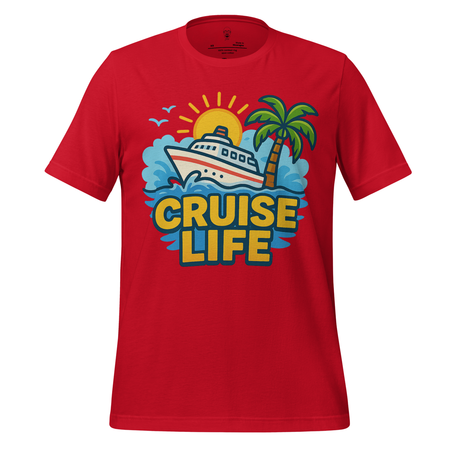 JMK Drip red cruise life t-shirt featuring a boat, palm tree, and sun graphic design
