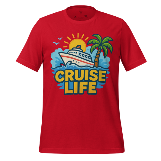 JMK Drip red cruise life t-shirt featuring a boat, palm tree, and sun graphic design