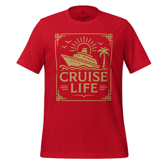 JMK Drip red cruise life t-shirt with gold cruise ship and palm tree graphic design