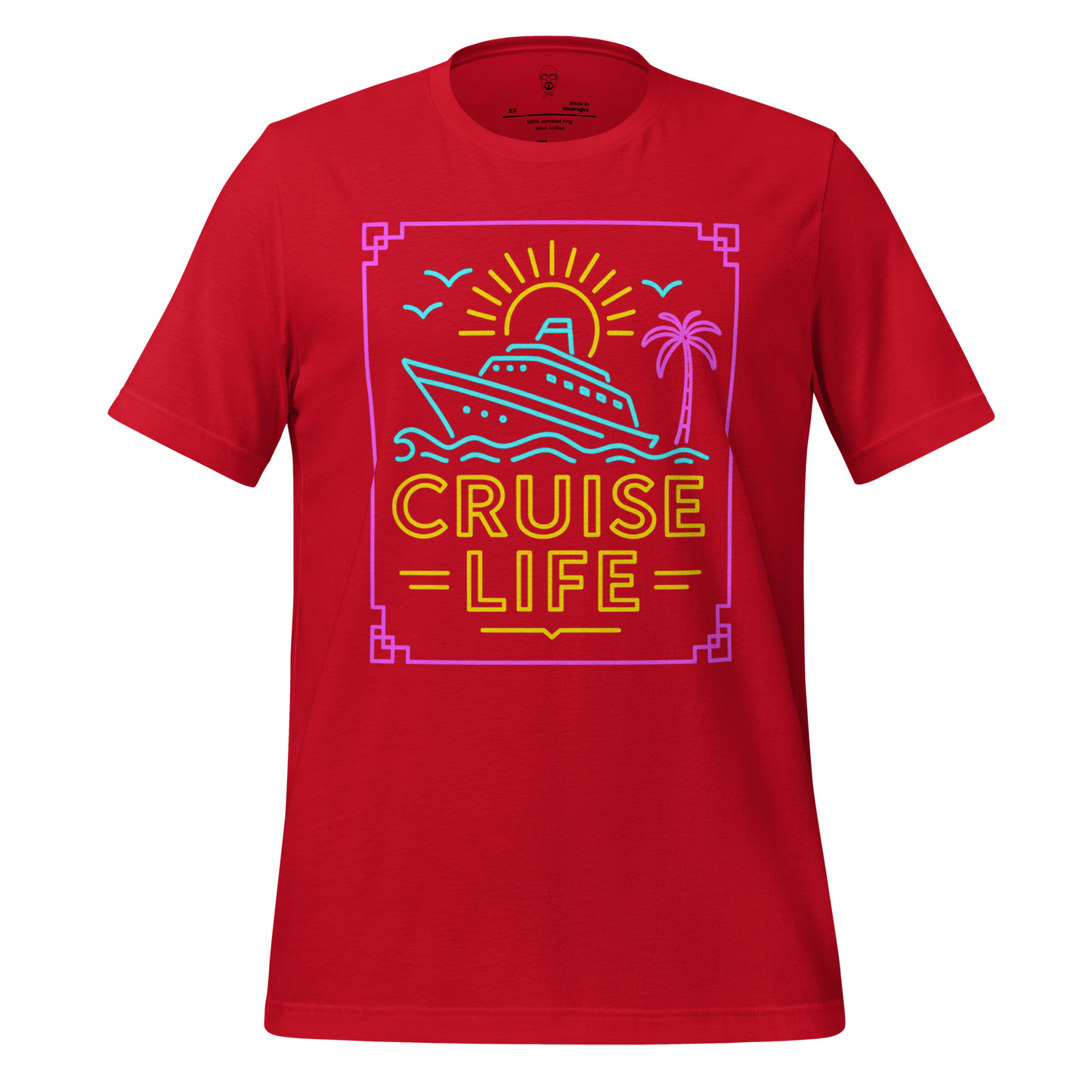 Red cruise life t-shirt by JMK Drip featuring neon boat, sun, palm tree, and waves graphic