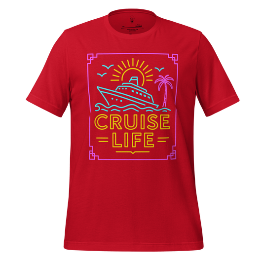 Red cruise life t-shirt by JMK Drip featuring neon boat, sun, palm tree, and waves graphic