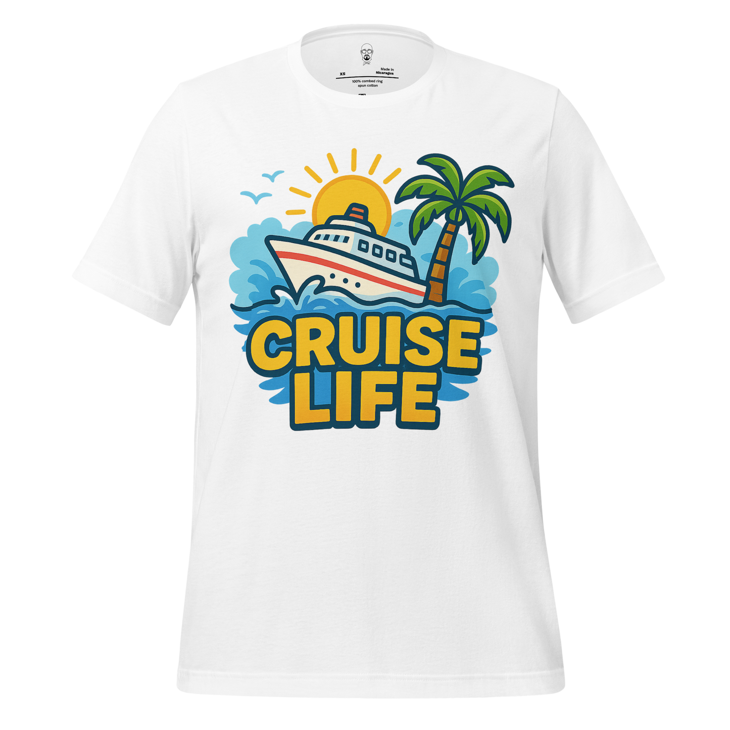 White cruise life t-shirt by JMK Drip featuring a colorful boat, palm tree, sun, and ocean design