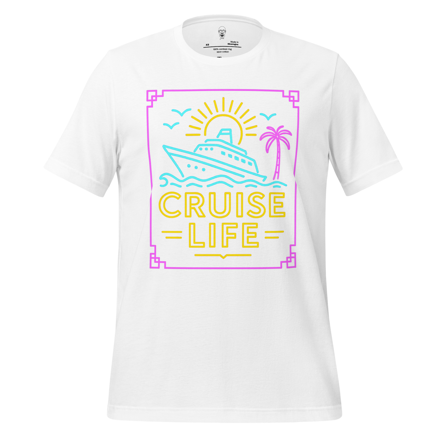 White cruise life t-shirt with colorful cruise ship, sun, palm tree, and birds graphic design
