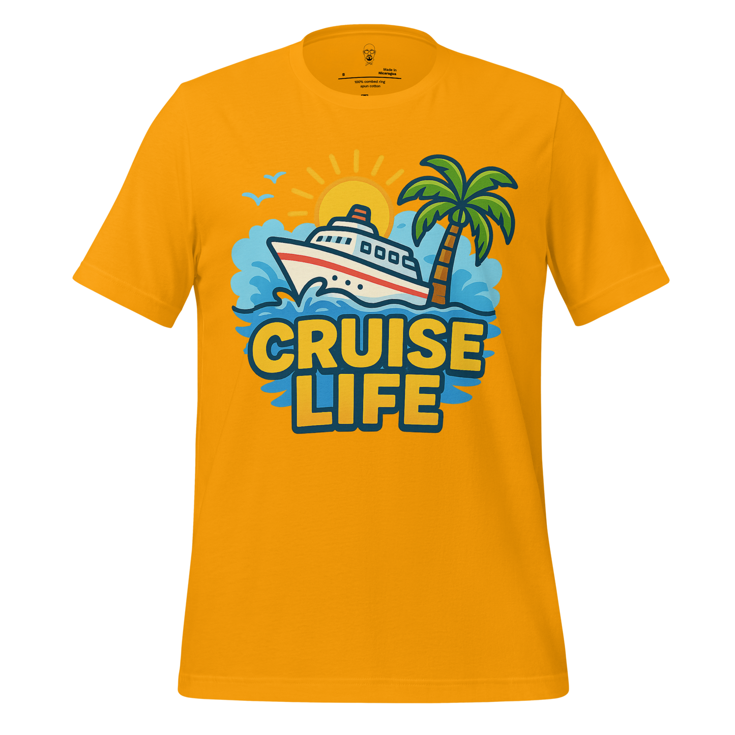 Yellow cruise life t-shirt with cruise ship, palm tree, and sun graphic design