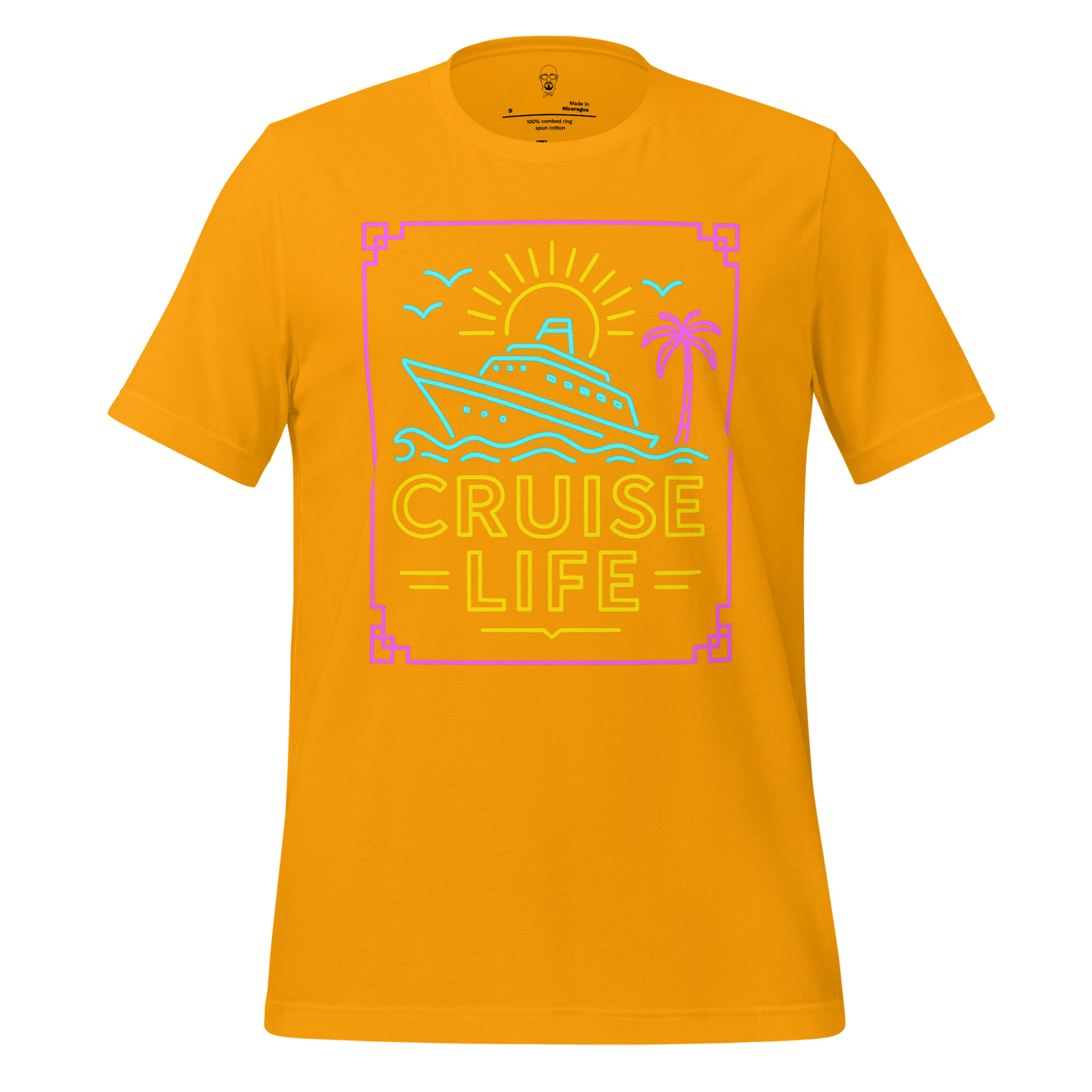 Yellow cruise life t-shirt by JMK Drip featuring a neon cruise ship, sun, palm tree, and birds graphic