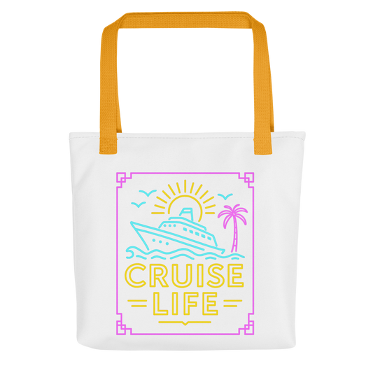 White cruise life tote bag with yellow handles and colorful cruise ship graphic design