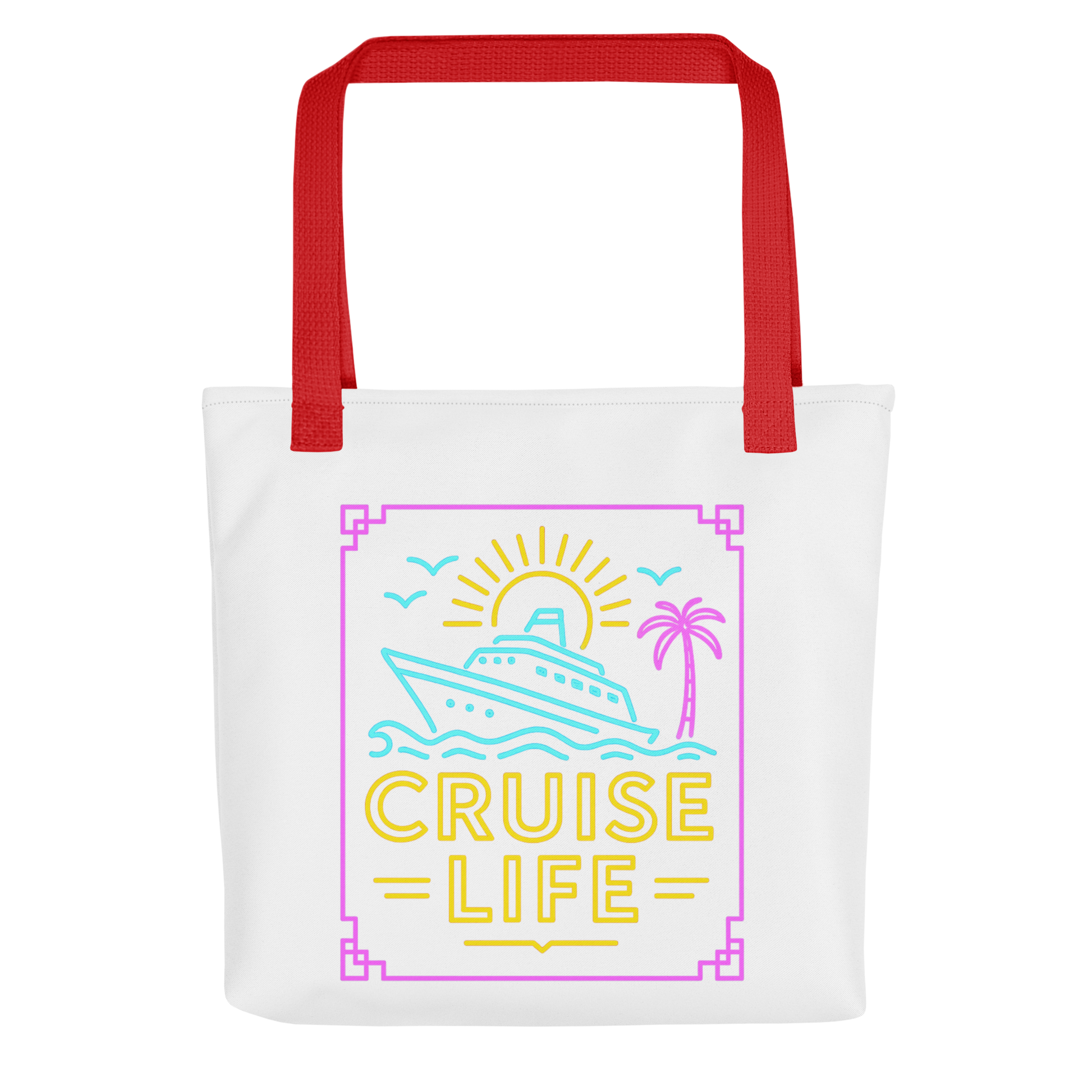 White tote bag with red handles featuring colorful cruise life tote bag design with boat sun and palm tree