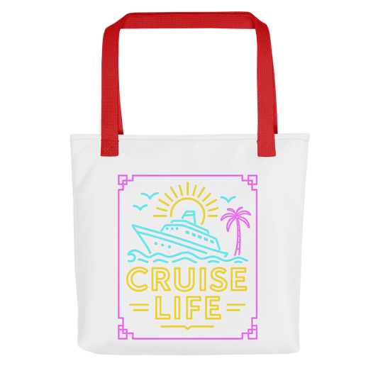 White tote bag with red handles featuring colorful cruise life tote bag design with boat sun and palm tree