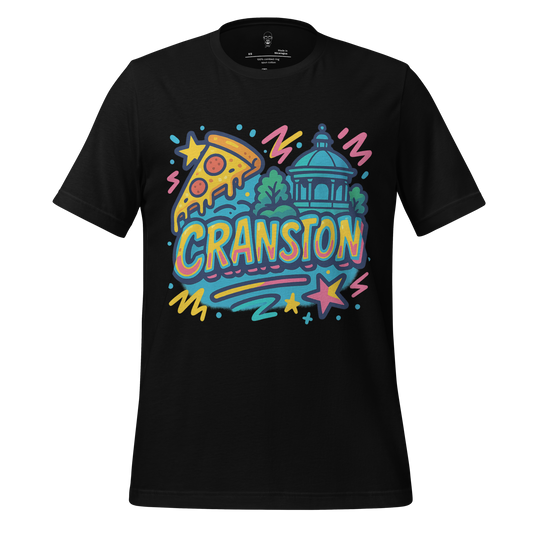 Black Cranston Graphic T-Shirt by JMK Drip with colorful pizza and cityscape design