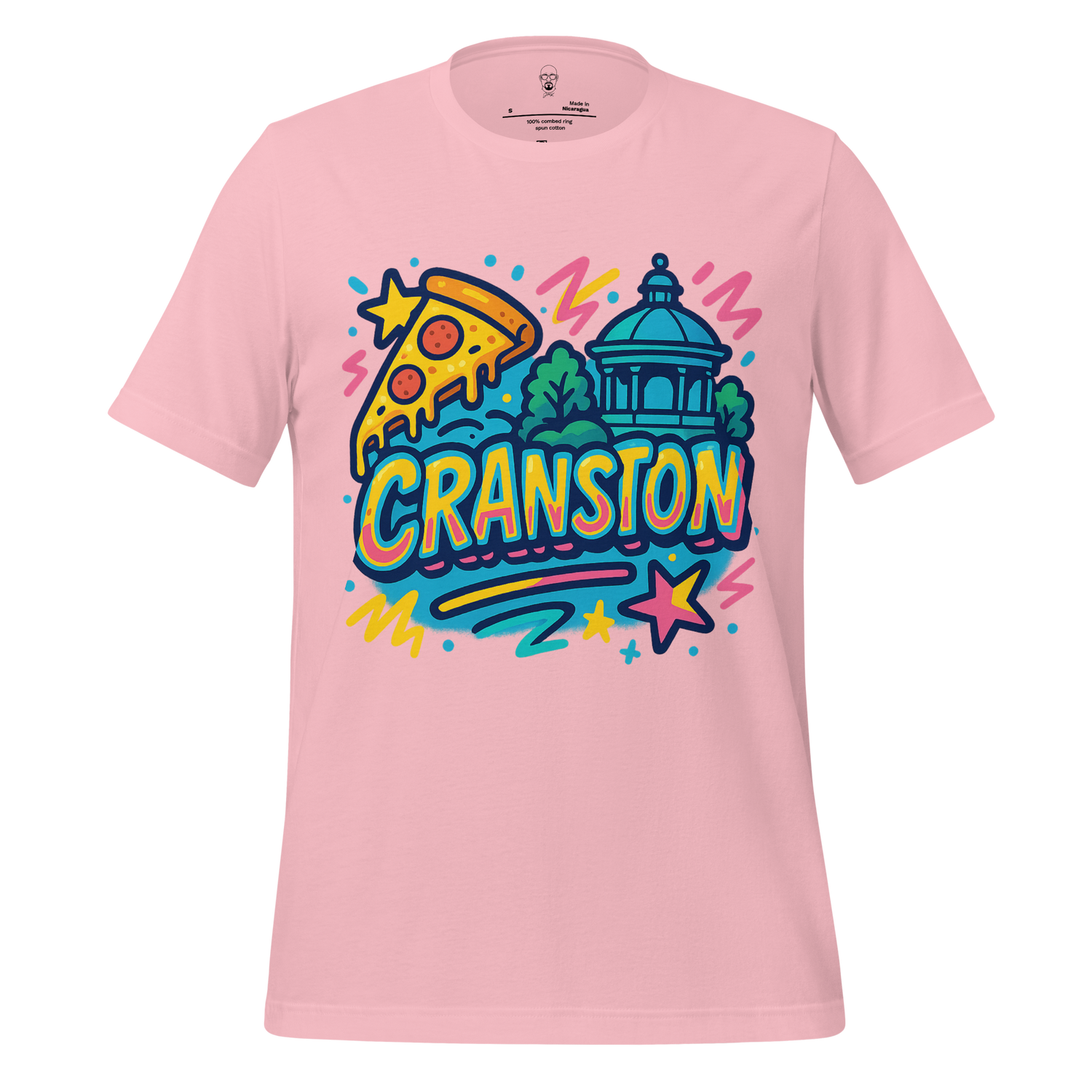 Pink Cranston Graphic T-Shirt by JMK Drip featuring colorful pizza slice and cityscape design