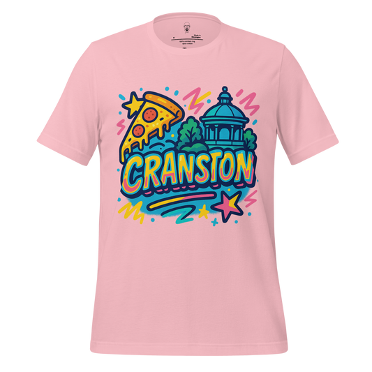Pink Cranston Graphic T-Shirt by JMK Drip featuring colorful pizza slice and cityscape design