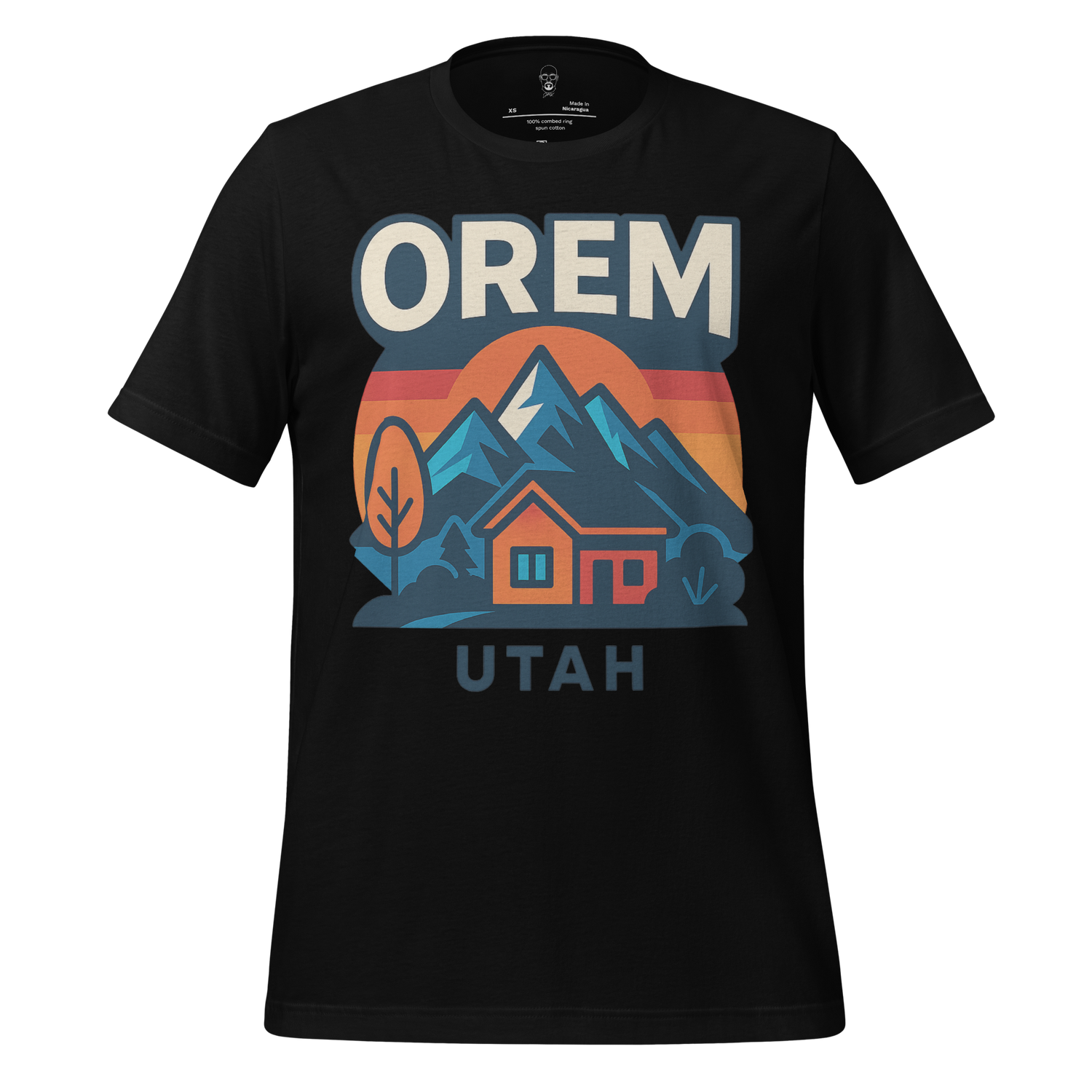 Black Orem graphic tee by JMK Drip featuring mountain and cabin design with Utah text