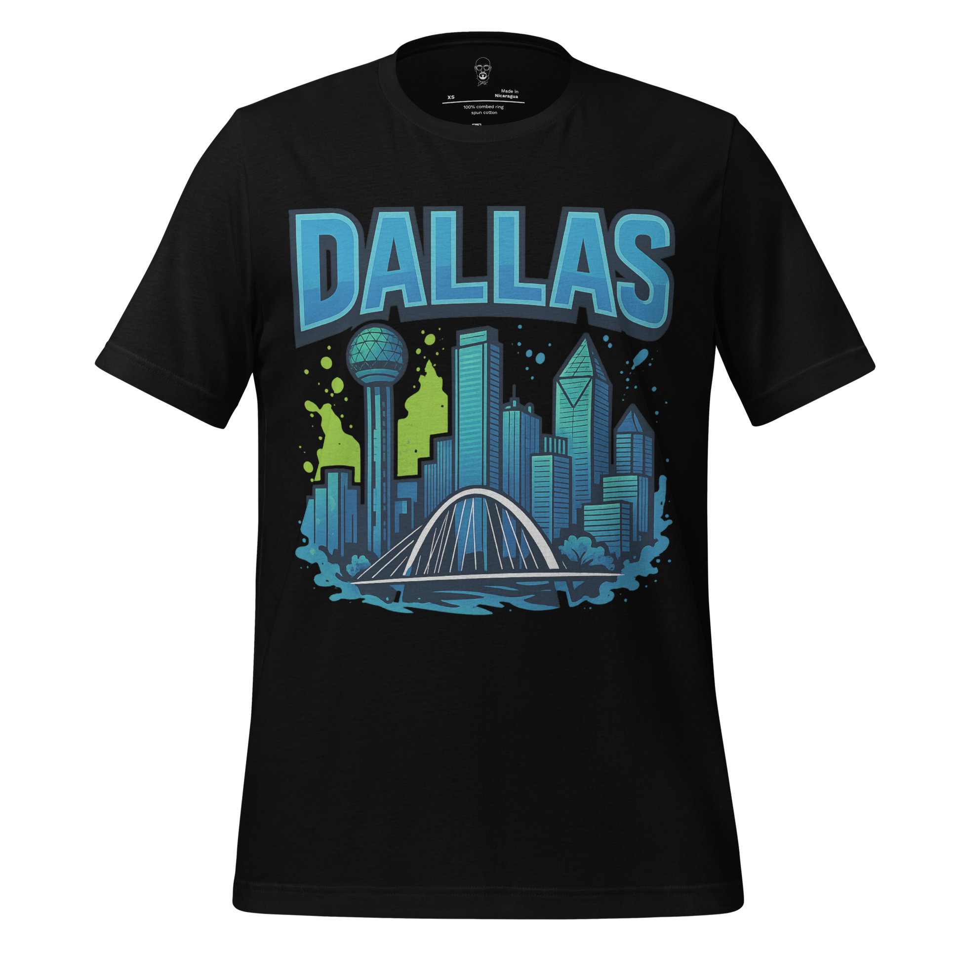 Black Dallas skyline t-shirt with blue and green graphic design featuring Dallas city buildings and landmarks