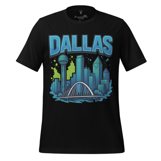 Black Dallas skyline t-shirt with blue and green graphic design featuring Dallas city buildings and landmarks