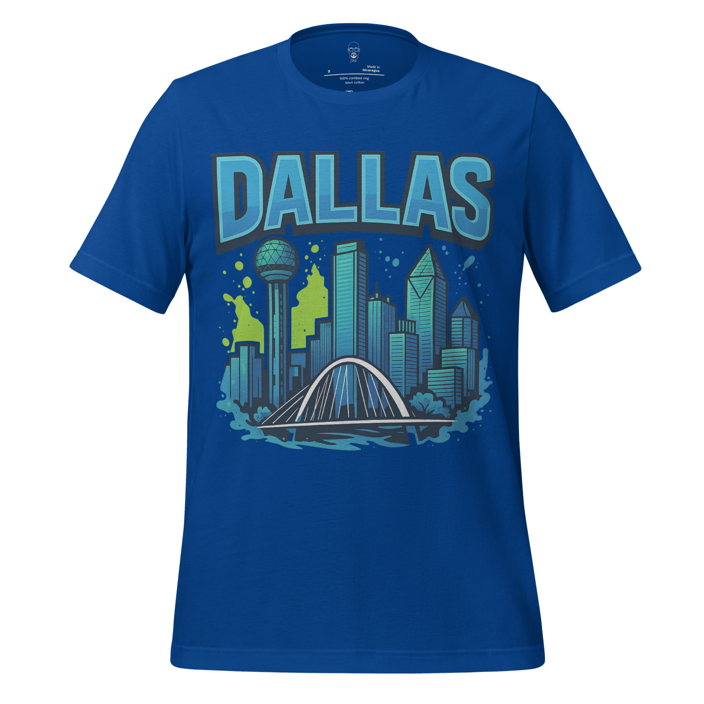 Blue Dallas skyline t-shirt featuring a detailed graphic of Dallas city buildings and landmarks