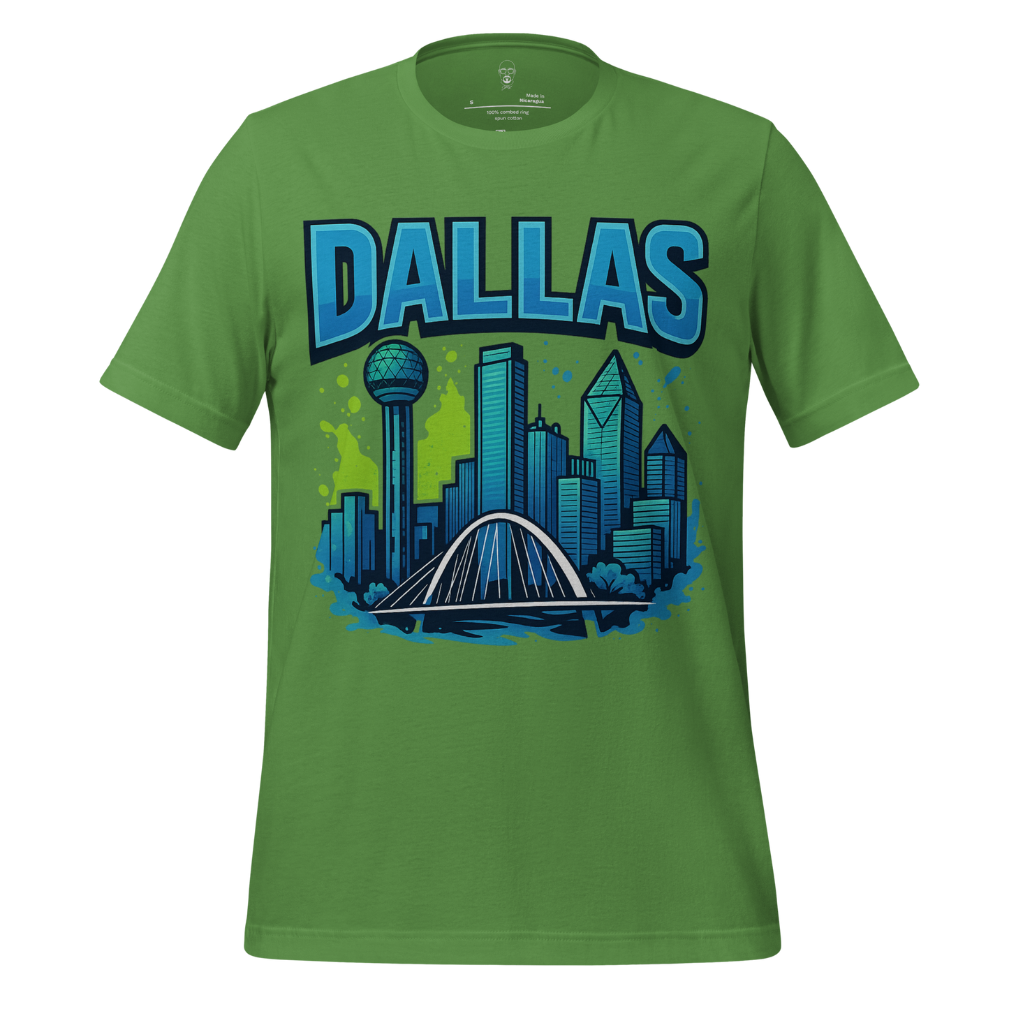 Green Dallas skyline t-shirt featuring blue cityscape graphic and bold DALLAS text