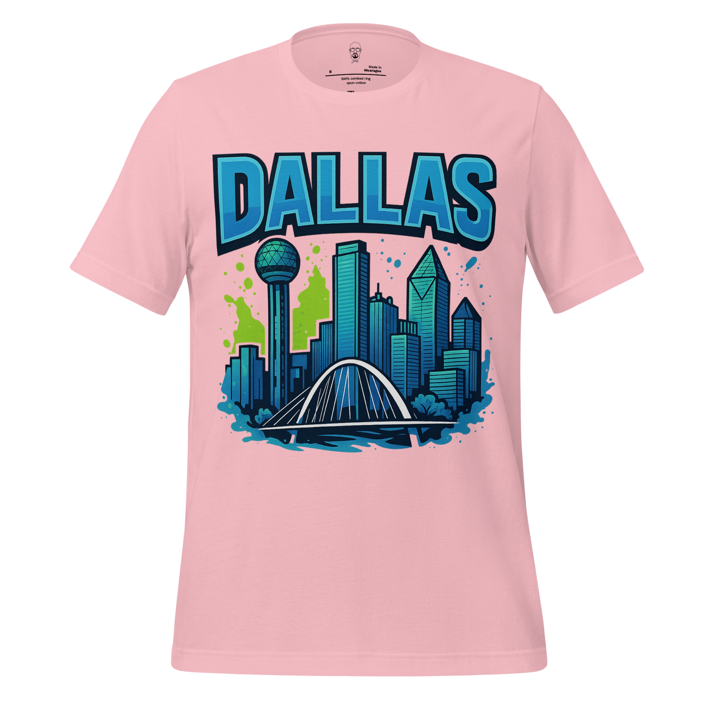 Pink t-shirt featuring a colorful Dallas skyline t-shirt design with city buildings and a bridge