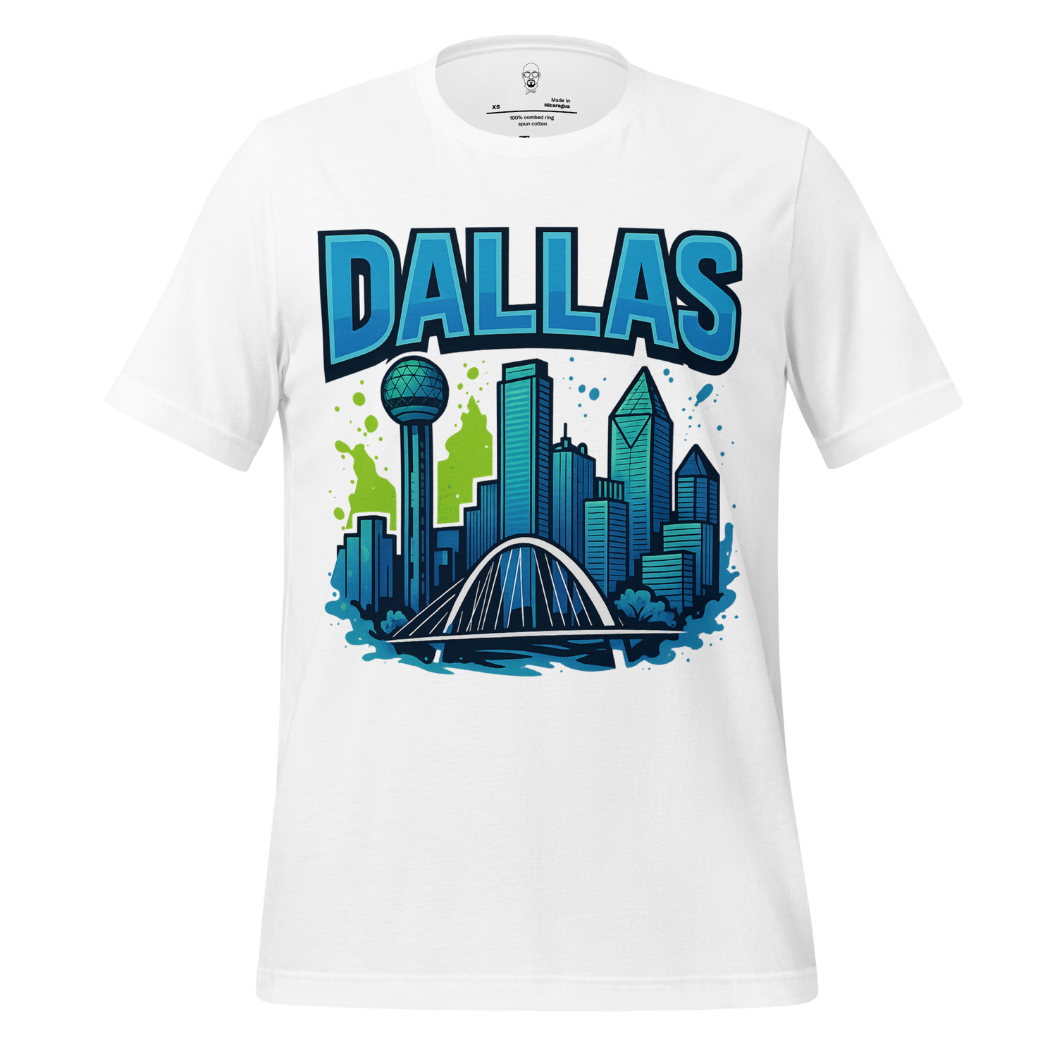 White Dallas skyline t-shirt with colorful graphic of Dallas cityscape and bold text