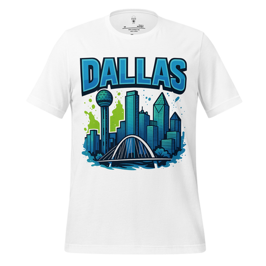 White Dallas skyline t-shirt with colorful graphic of Dallas cityscape and bold text
