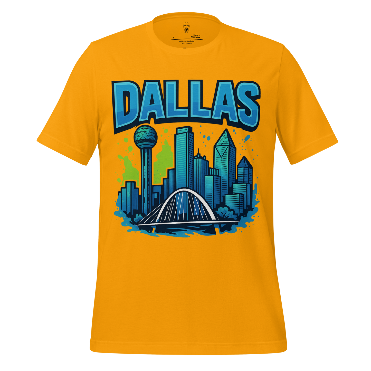 Bright orange Dallas skyline t-shirt featuring blue Dallas cityscape graphic and bold lettering