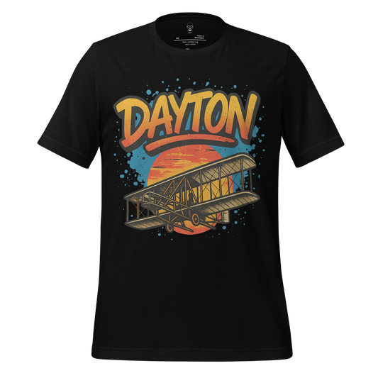 Black Dayton Graphic T-Shirt with vintage airplane and sunset design by JMK Drip