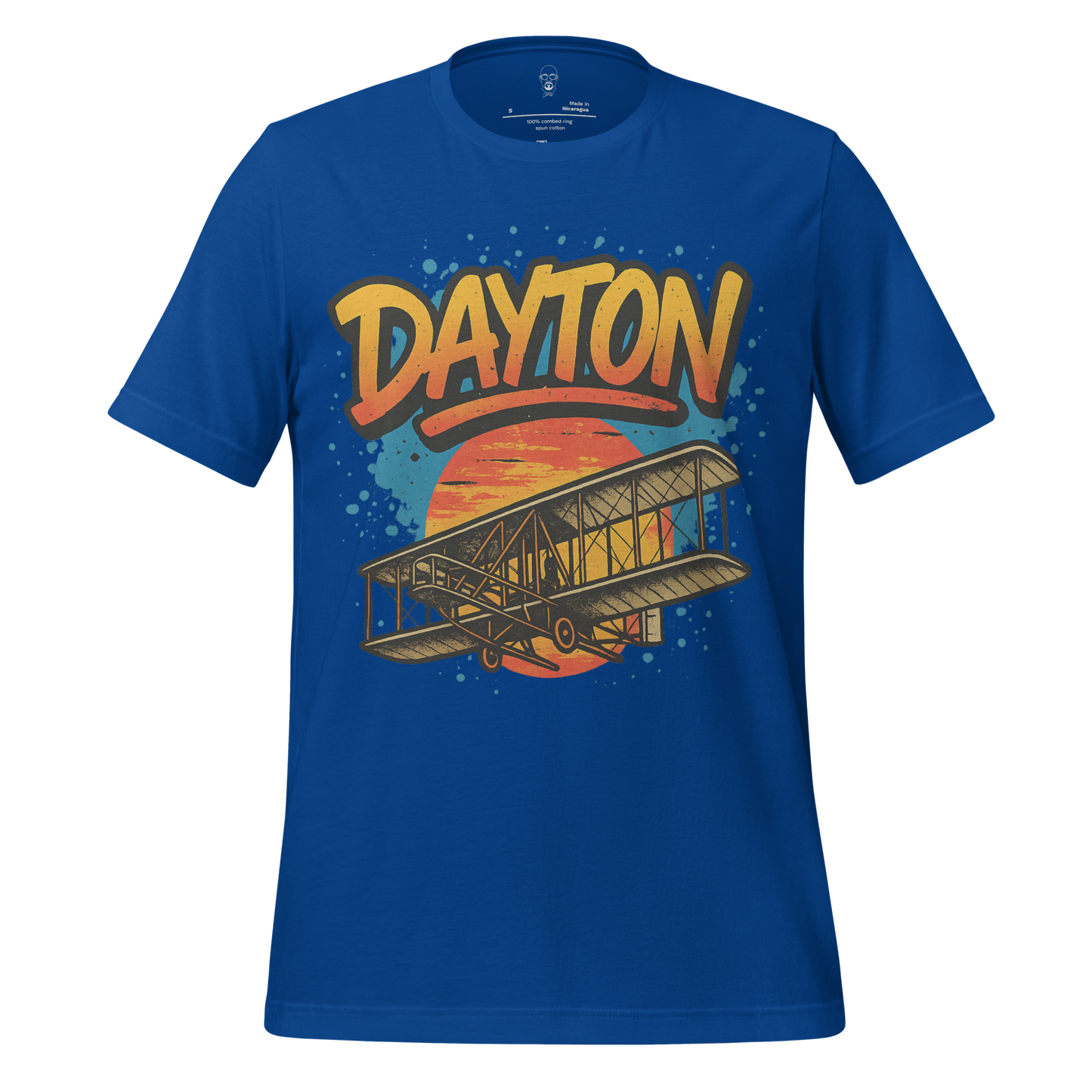JMK Drip Dayton Graphic T-Shirt in blue with vintage airplane and sunset design